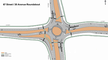 Image of roundabout at 67 Street and 30 Avenue